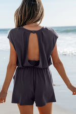Knit Open Back Cap Sleeve Drawstring Romper - Ladyez