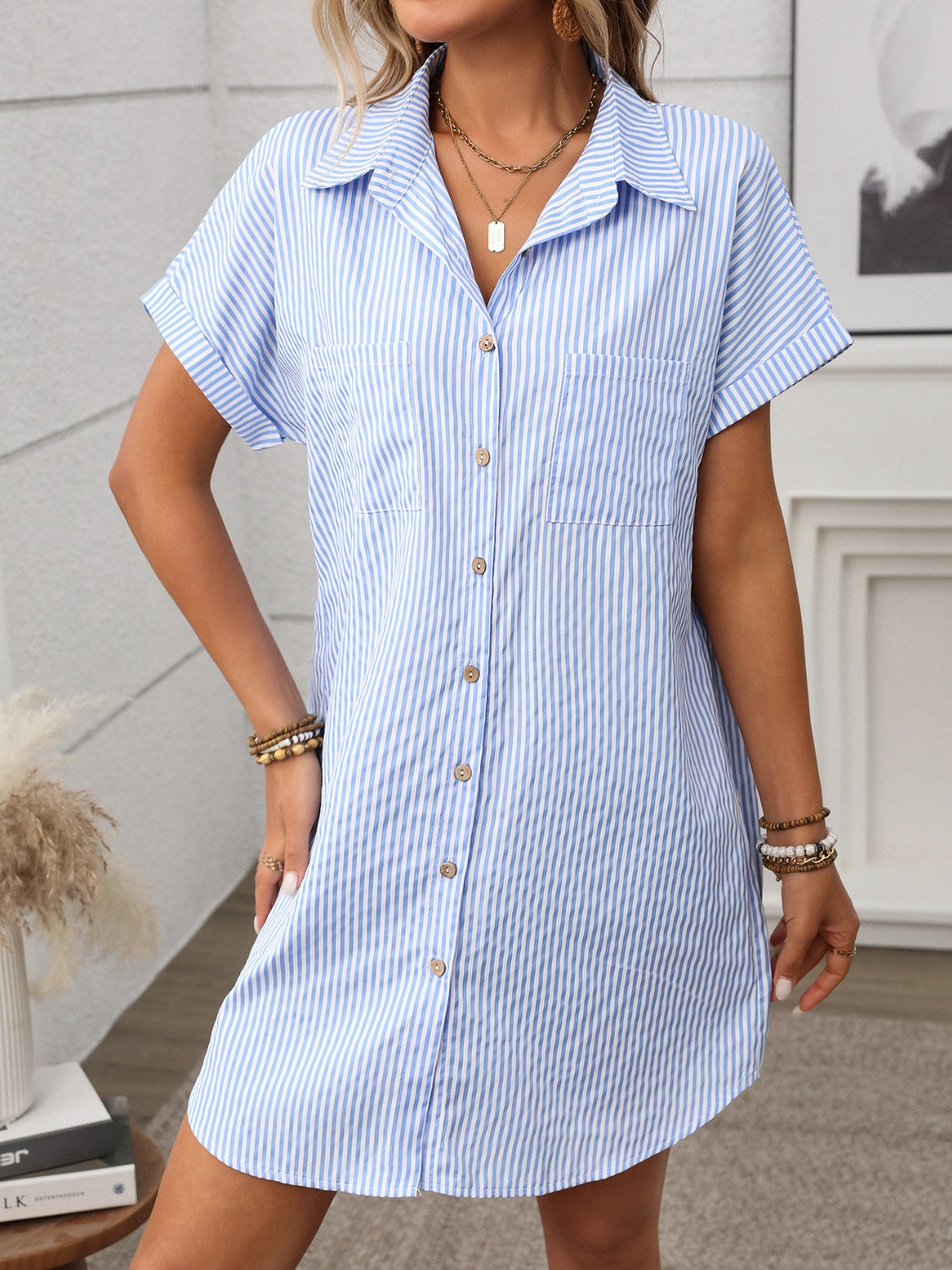 Striped Button Down Short Sleeve Mini Dress - Ladyez