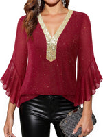 Sequin V-Neck Flounce Sleeve Blouse