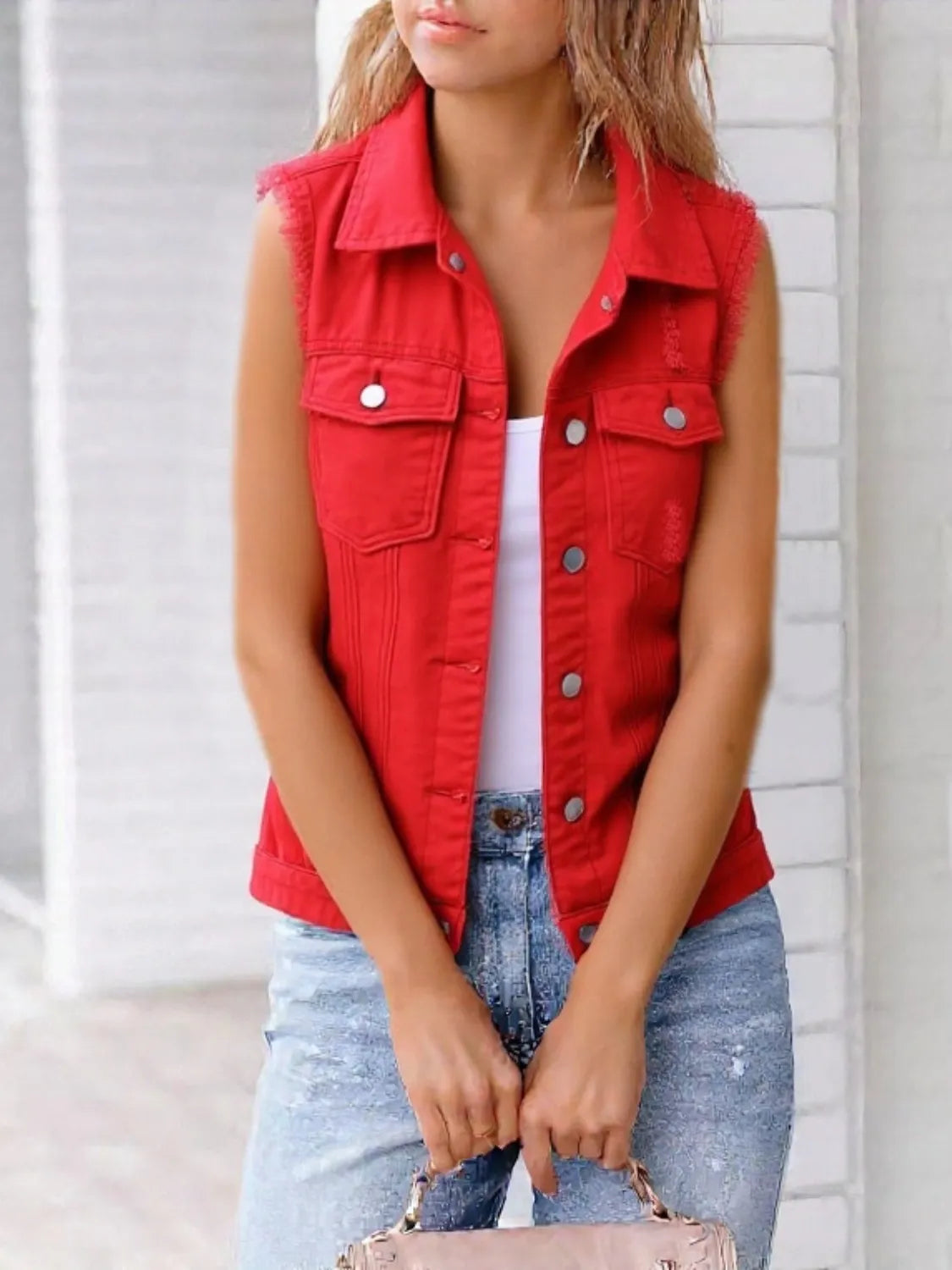 Full Size Sleeveless Frayed Denim Vest Jacket Plus Size