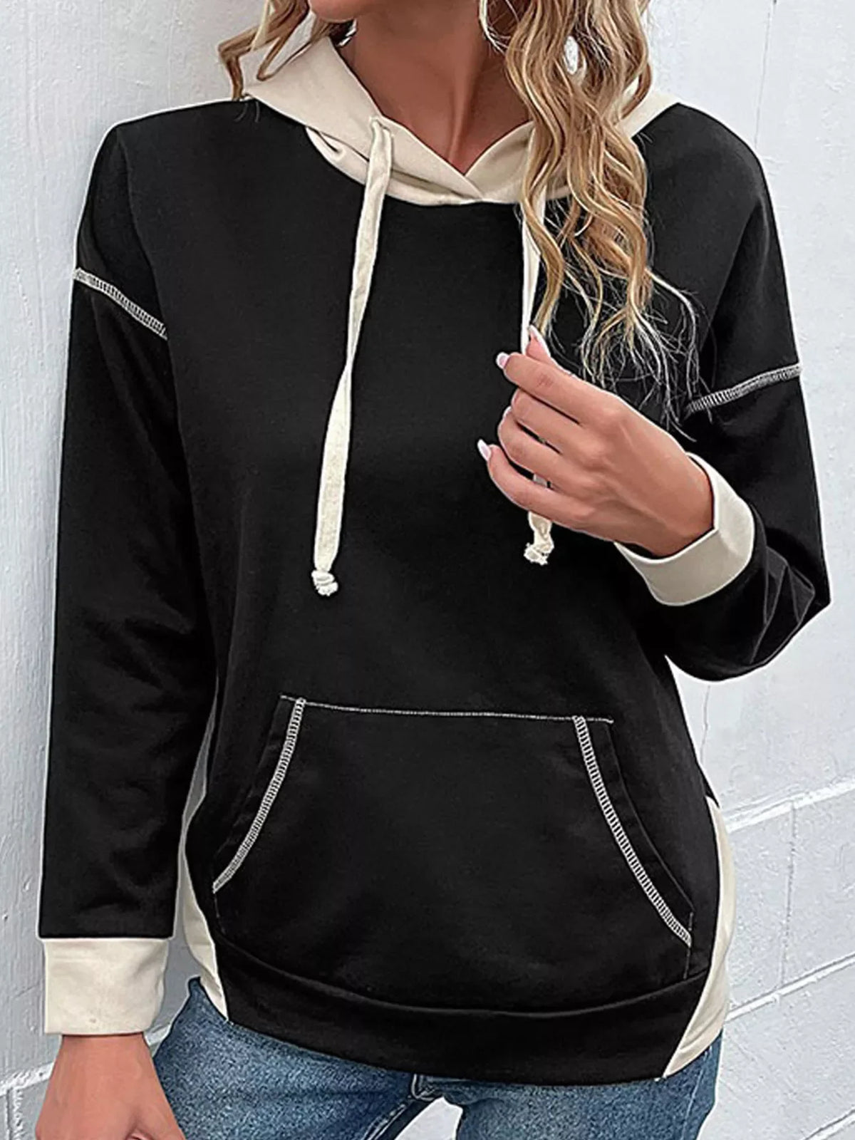 Color Block Hoodie with Drawstring and Kangaroo Pocket