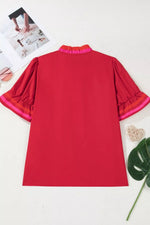 Ruffled Sleeve Notched Blouse with Striped Detail