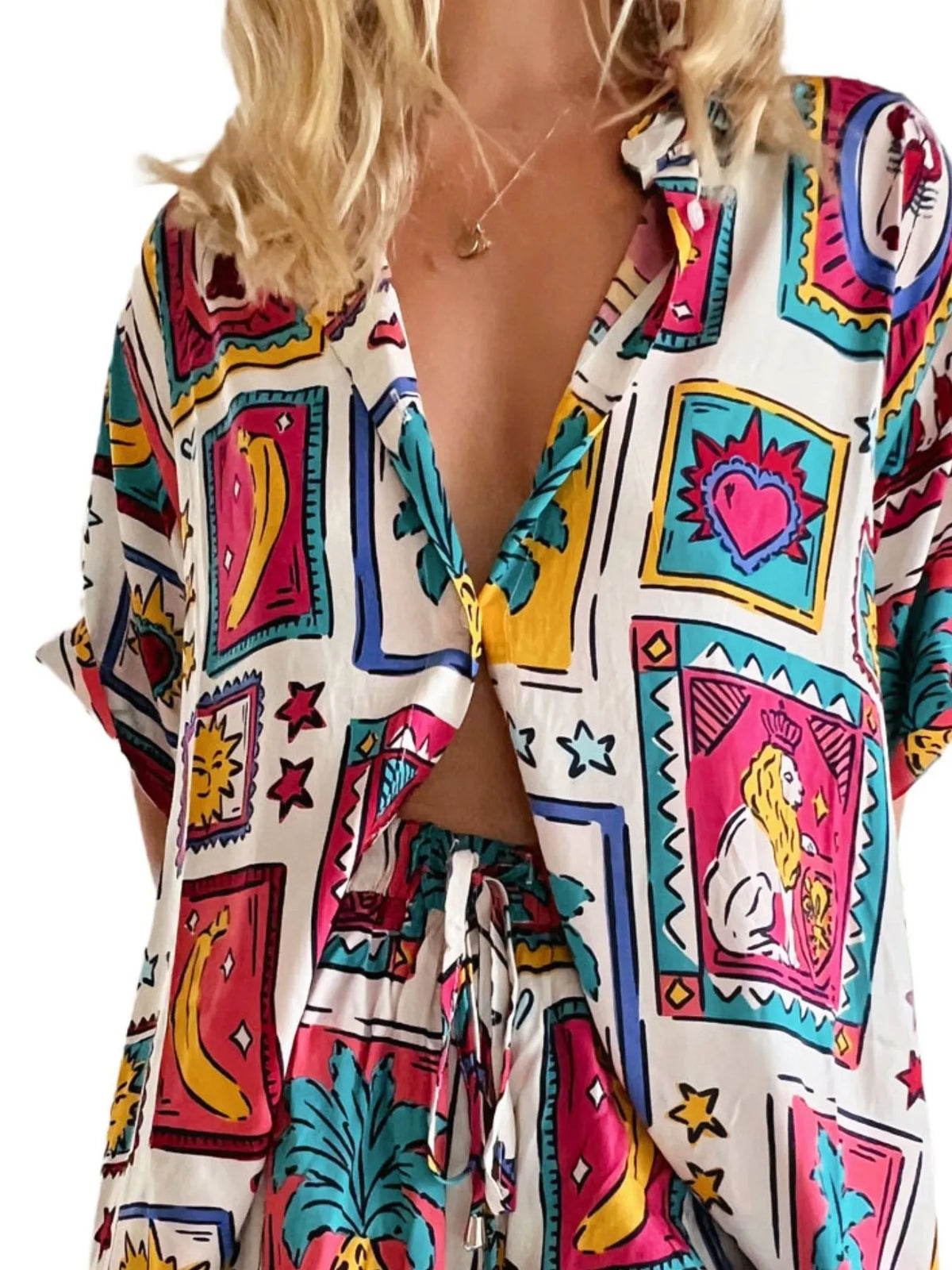 Printed Button Up Shirt and Shorts Set