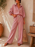 Striped Collared Shirt and Wide-Leg Drawstring Pants Set
