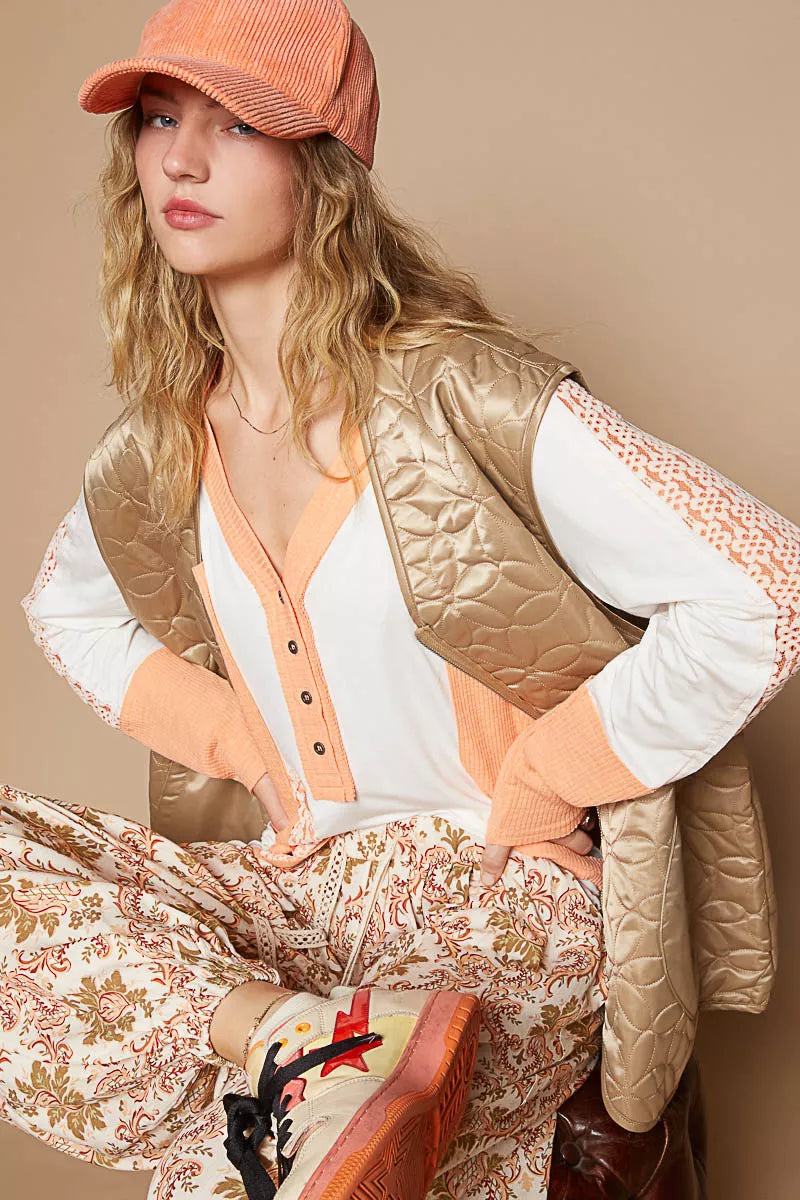 POL Front Zipper Floral Pattern Quilted Vest Coat with Front Pockets