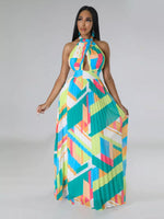 Halter Neck Geometric Print Pleated Maxi Dress