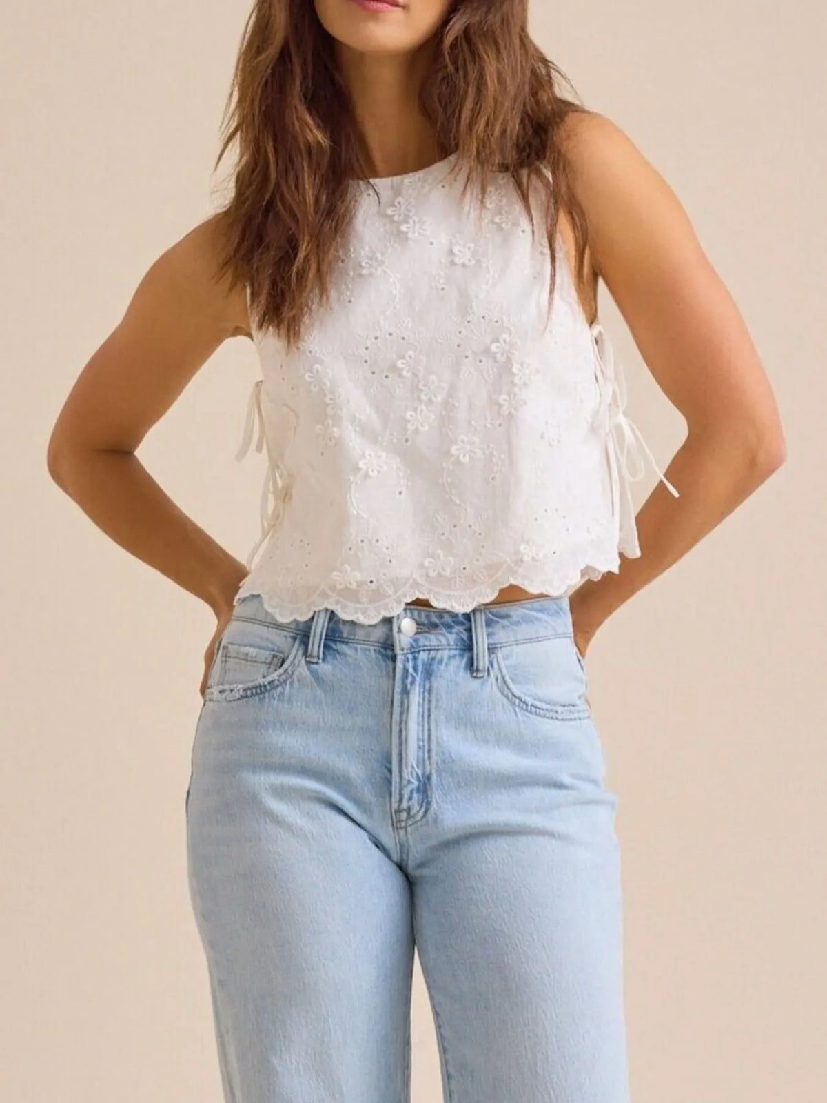 Eyelet Embroidered Scalloped Hem Tank Top - Ladyez