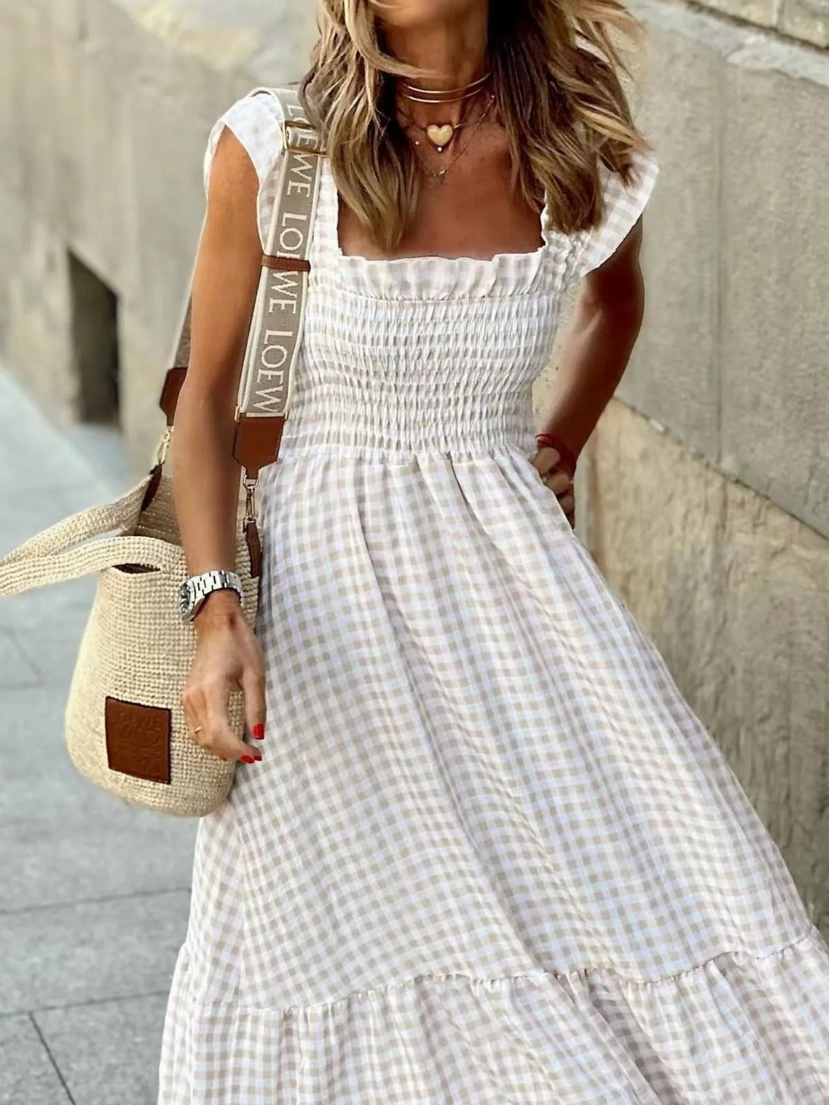 Smocked Gingham Maxi Dress with Ruffle Straps - Ladyez