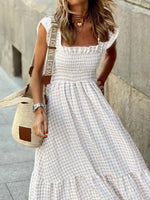 Smocked Gingham Maxi Dress with Ruffle Straps - Ladyez