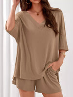 Casual Solid Color V-Neck Top & Shorts Set