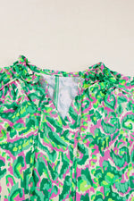 Abstract Print Ruffled Trim Tie Neck Top