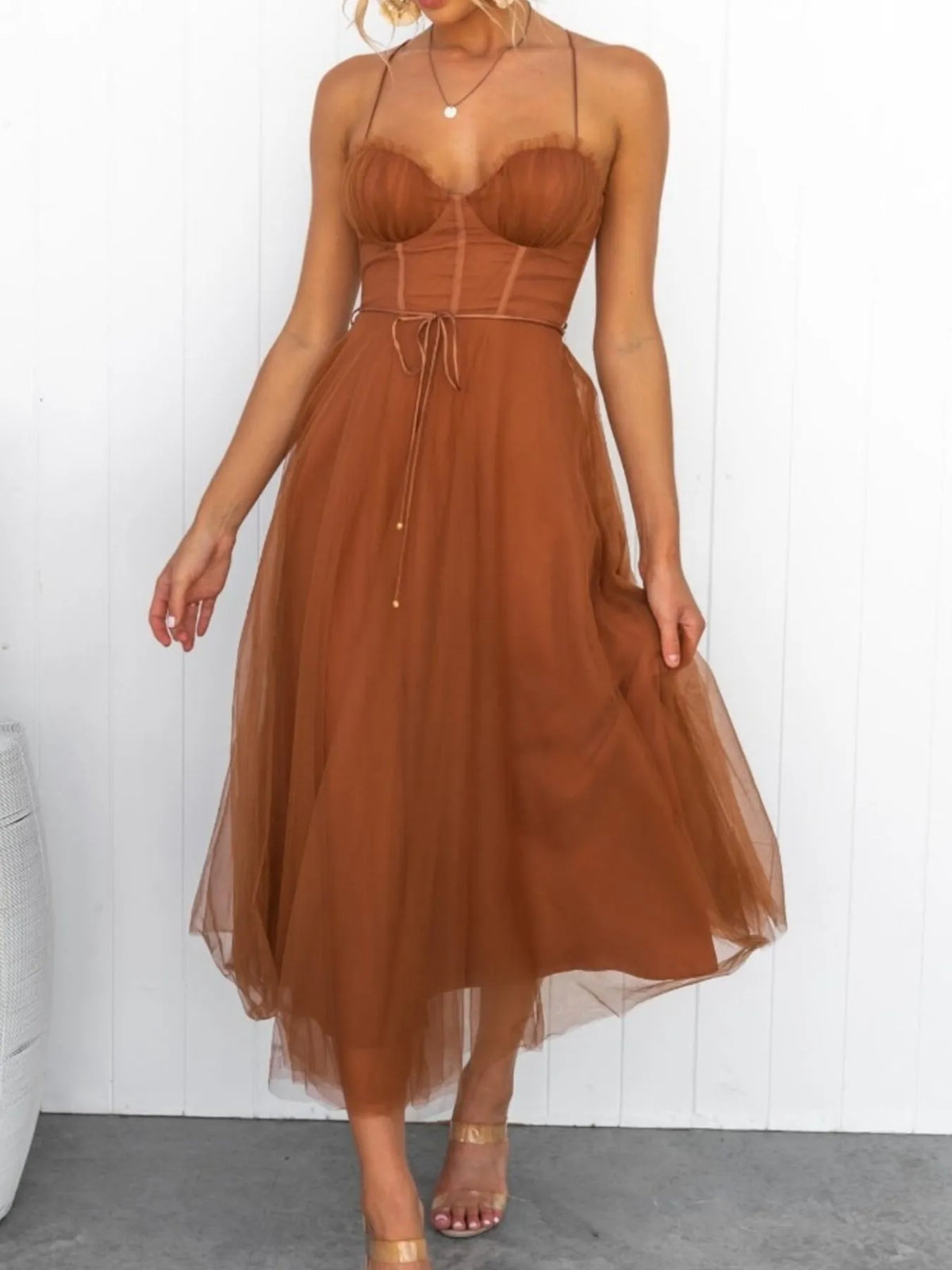 Sweetheart Neck Tulle Midi Dress - Ladyez