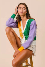 BiBi Mardi Gras Color Block Sequin Sweater Cardigan