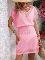 Openwork V-Neck Short Sleeve Cover-Up Dress - Ladyez