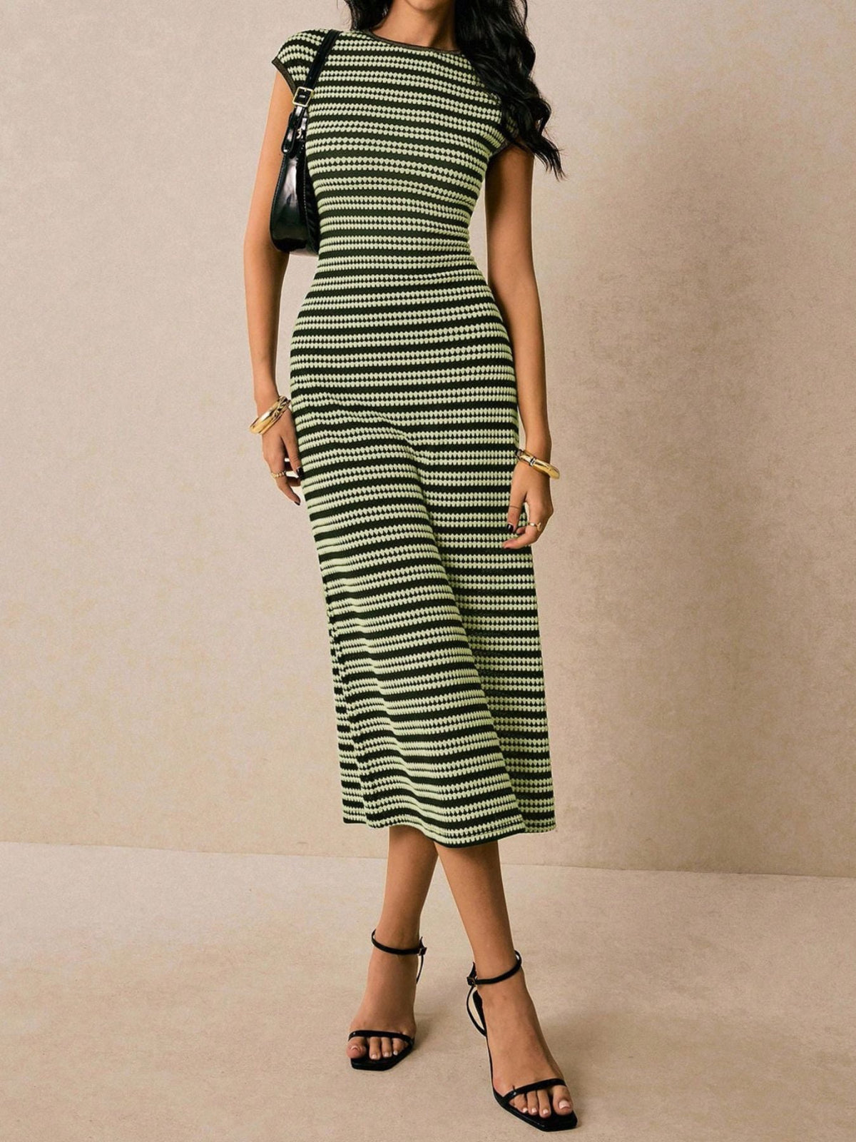 Striped Cap Sleeve Bodycon Midi Dress