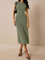 Striped Cap Sleeve Bodycon Midi Dress