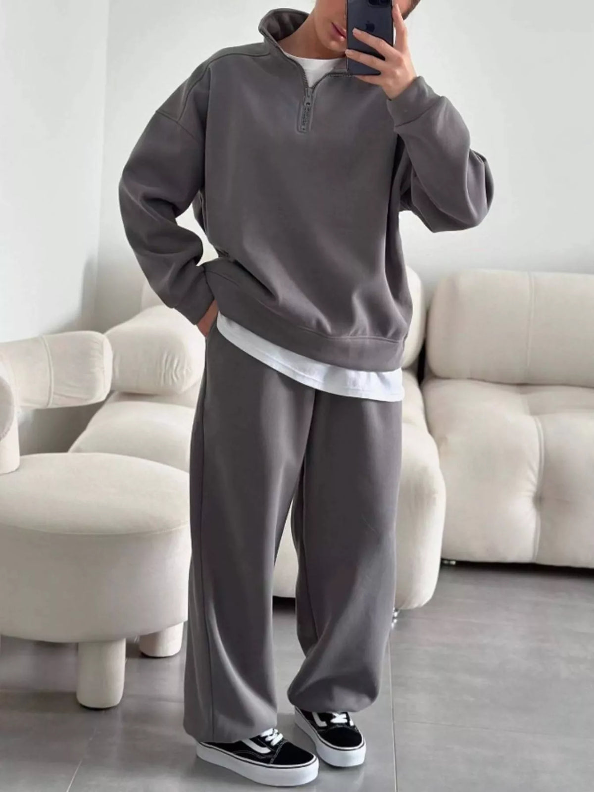 Quarter-Zip Top and Wide-Leg Sweatpants Set