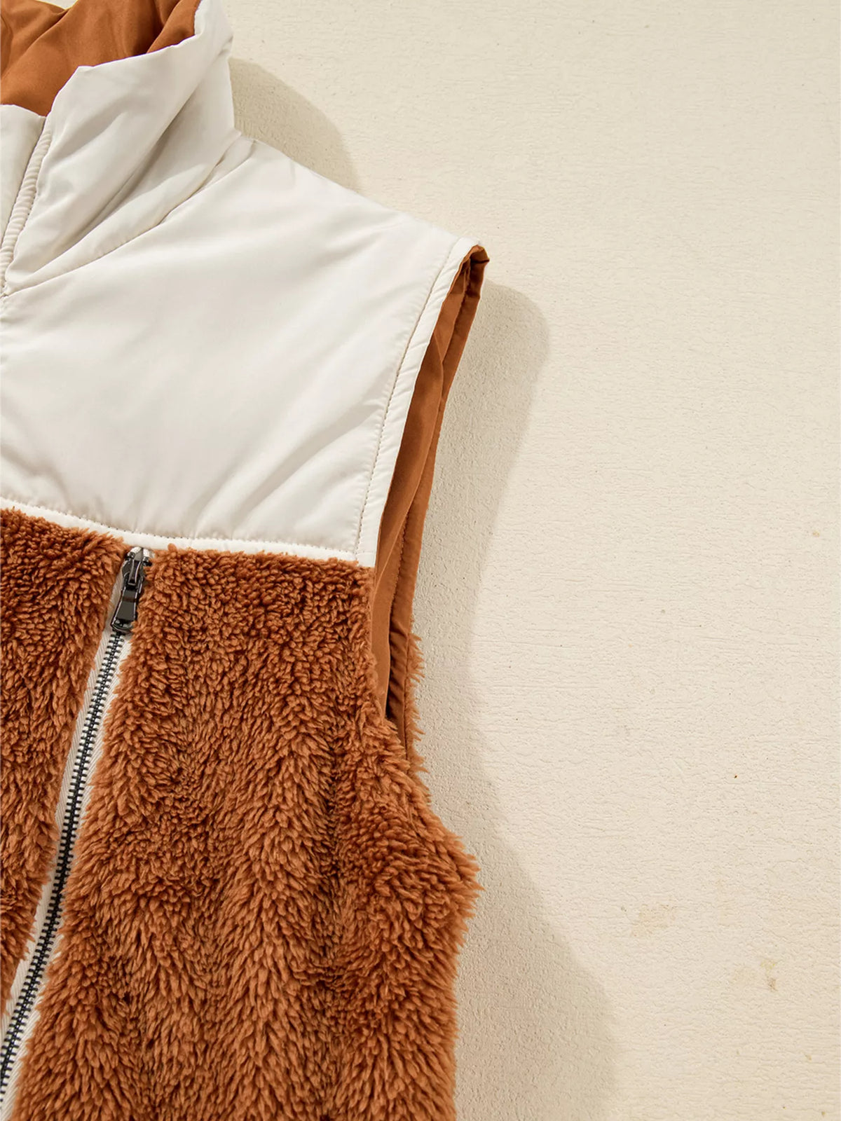 Color Block Plush Patchwork Zipper Stand Neck Vest Coat