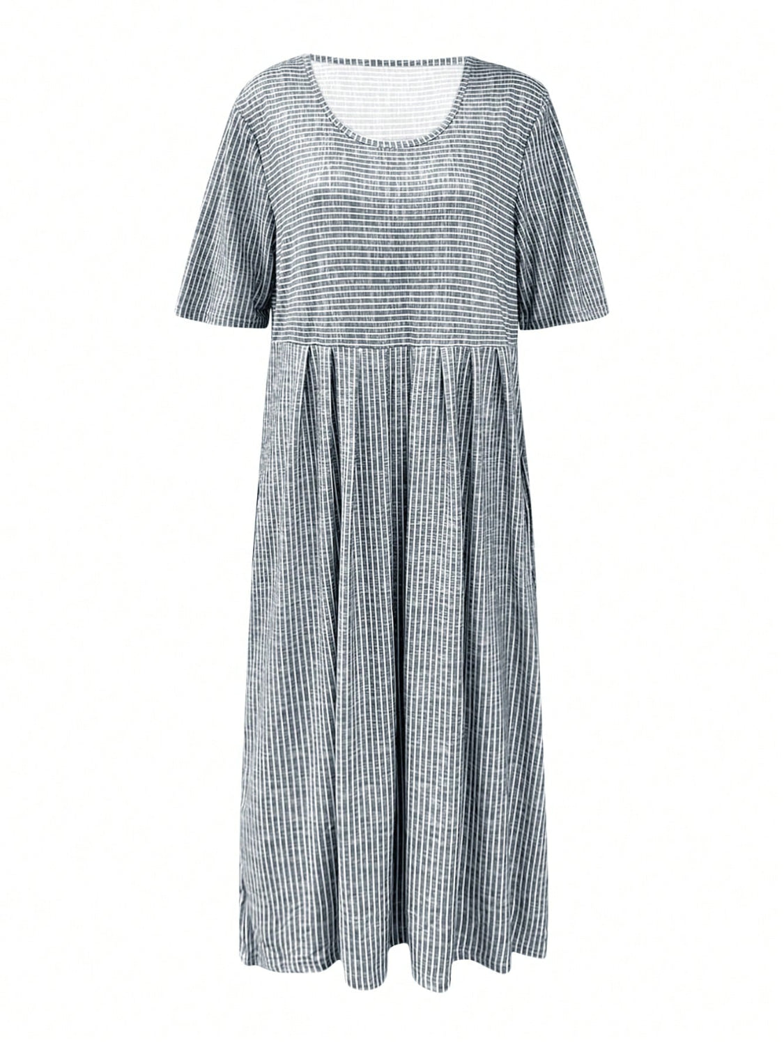 Striped Round Neck Short Sleeve Midi Dress - Ladyez