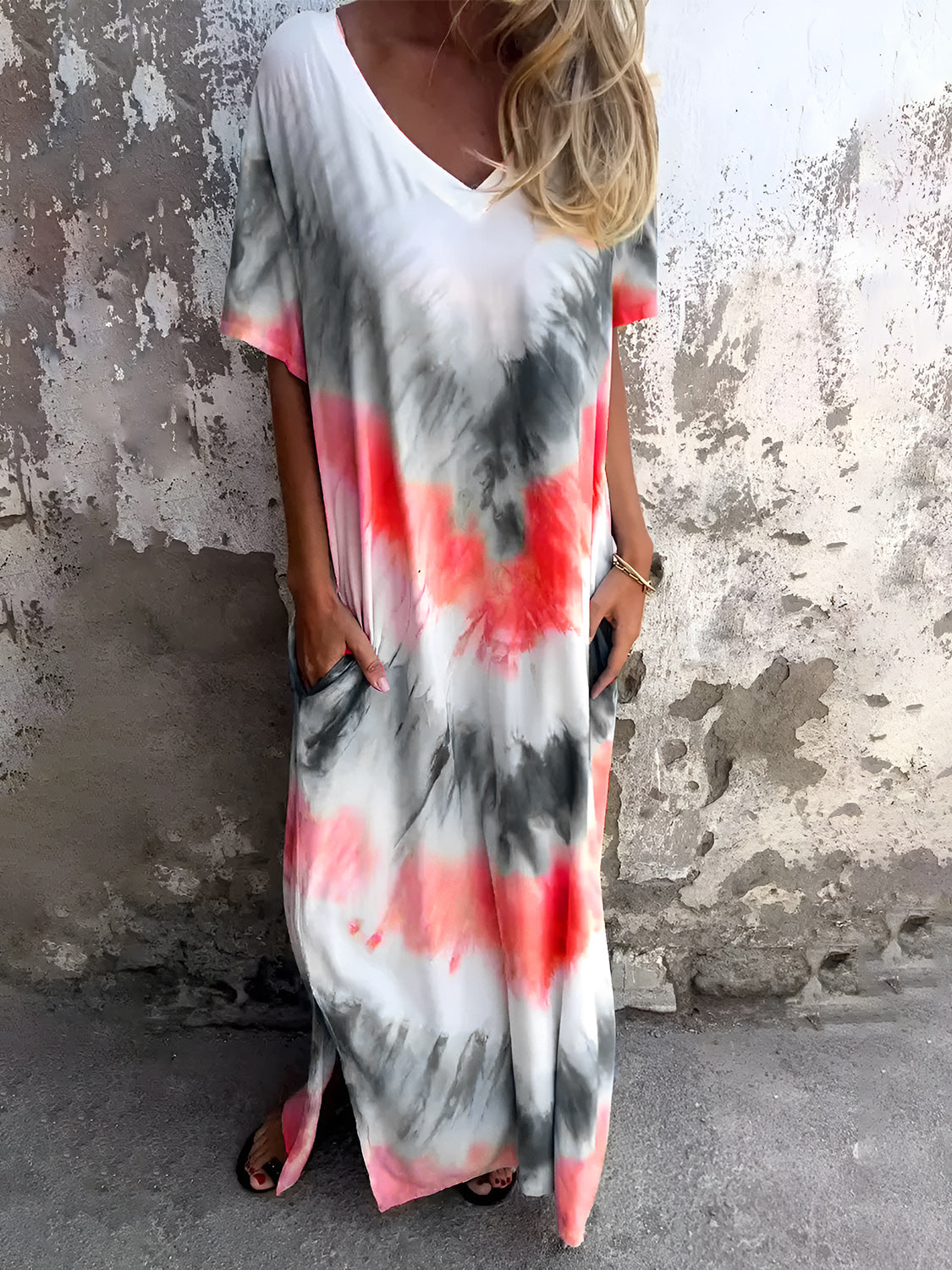 Full Size Pocketed Tie-Dye Short Sleeve Dress - Ladyez
