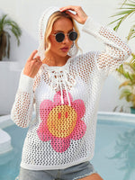 Angel Wings Flower Graphic Lace-Up Openwork Hooded Cover Up - Ladyez