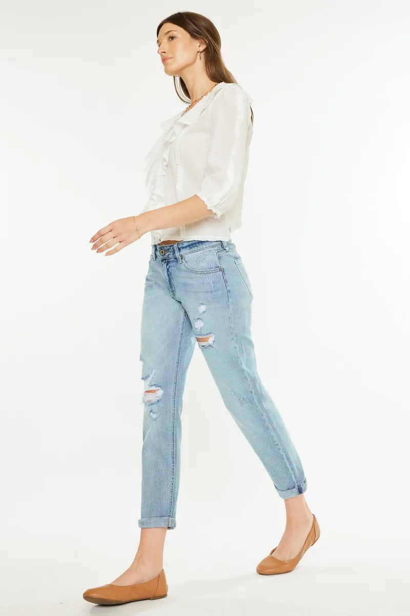 Kancan Mid Rise Distressed Boyfriend Fit Jeans - Ladyez