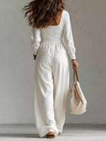 V-Neck Long Sleeve Button-Down Wide Leg Jumpsuit