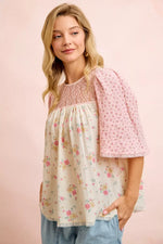 BiBi Crinkle Floral Gauze Mix And Matched Blouse Top