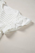 Lace Detail Flutter Sleeve Pleated Round Neck Blouse