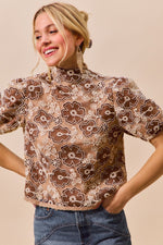 SO ME Texture Floral Mesh Top With Back Button Closure