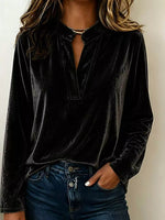 Full Size Velvet Notched Long Sleeve Top Plus Size