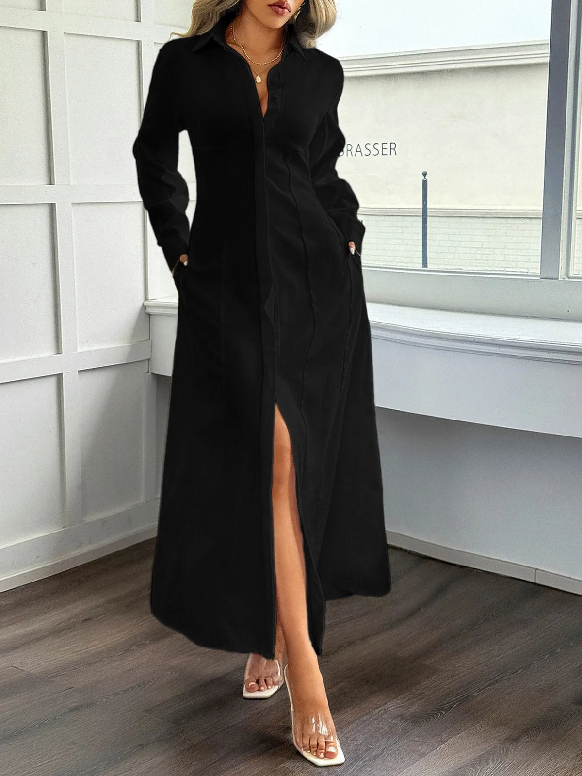 Slit Long Sleeve Maxi Shirt Dress - Ladyez