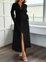 Slit Long Sleeve Maxi Shirt Dress - Ladyez