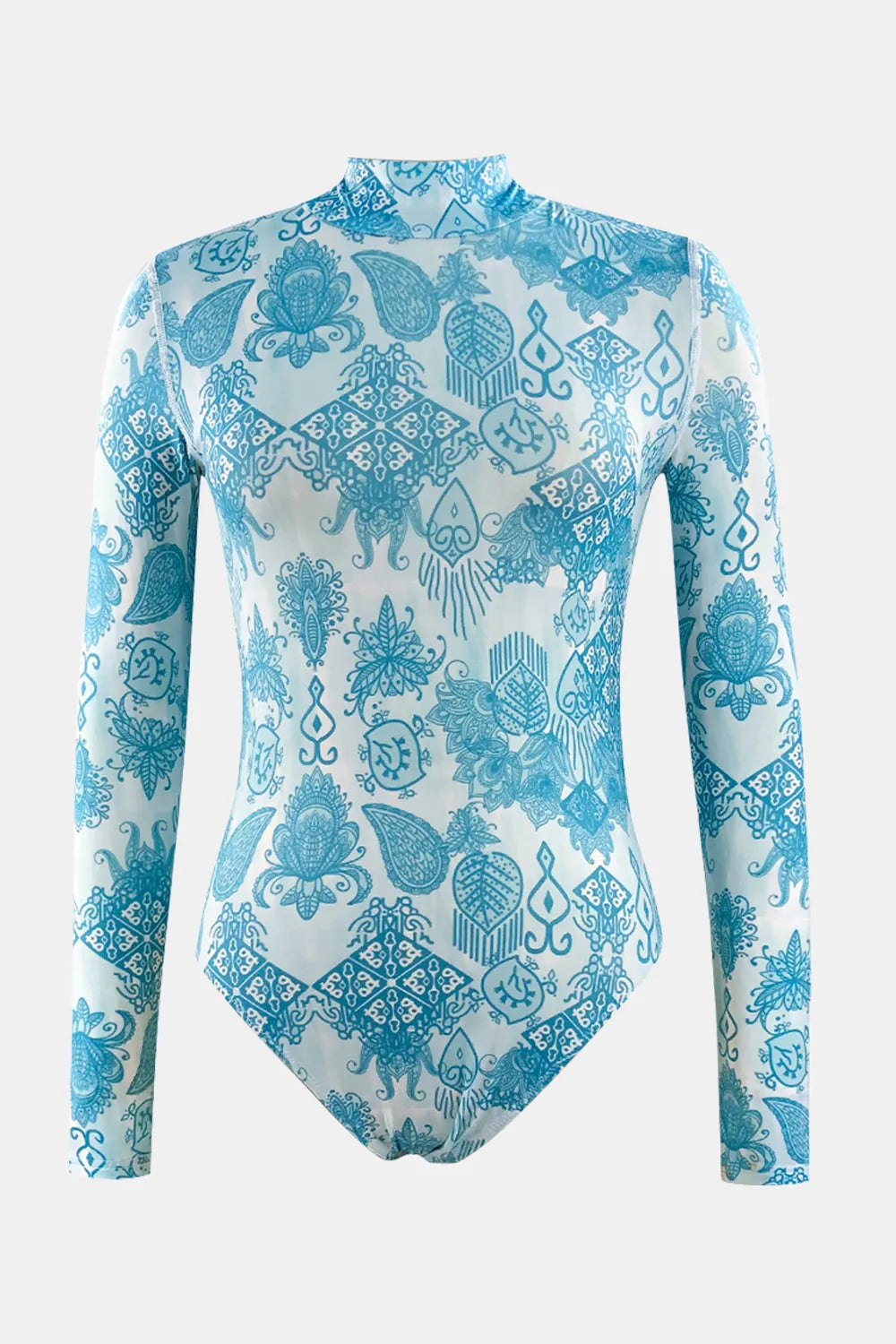 Printed Mock Neck Long Sleeve One-Piece Swimwear - Ladyez
