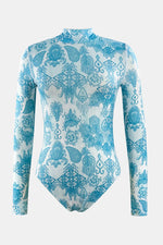 Printed Mock Neck Long Sleeve One-Piece Swimwear - Ladyez
