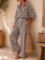 Striped Collared Shirt and Wide-Leg Drawstring Pants Set