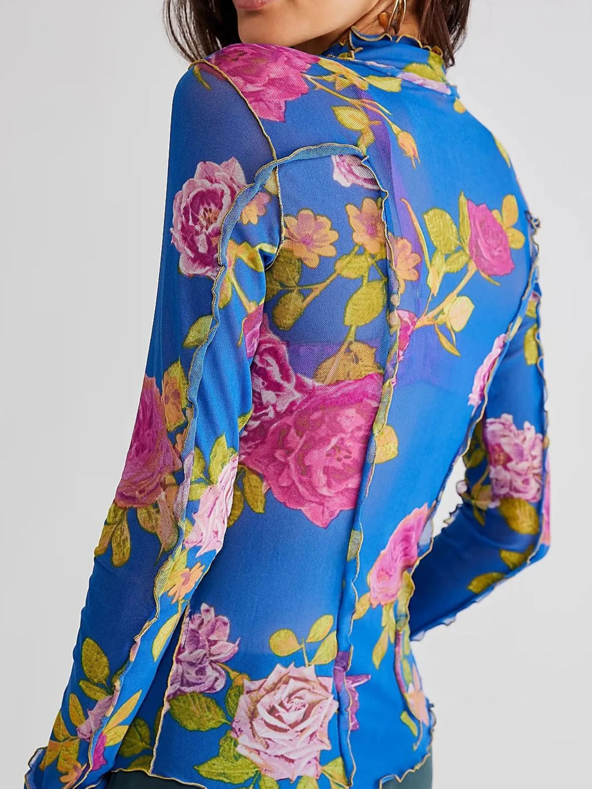 Floral Print Mock Neck Long Sleeve Top - Ladyez