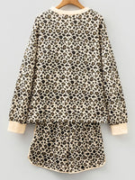 Leopard Print Contrast Trim Long Sleeve Pullover and Drawstring Shorts 2pcs Outfit