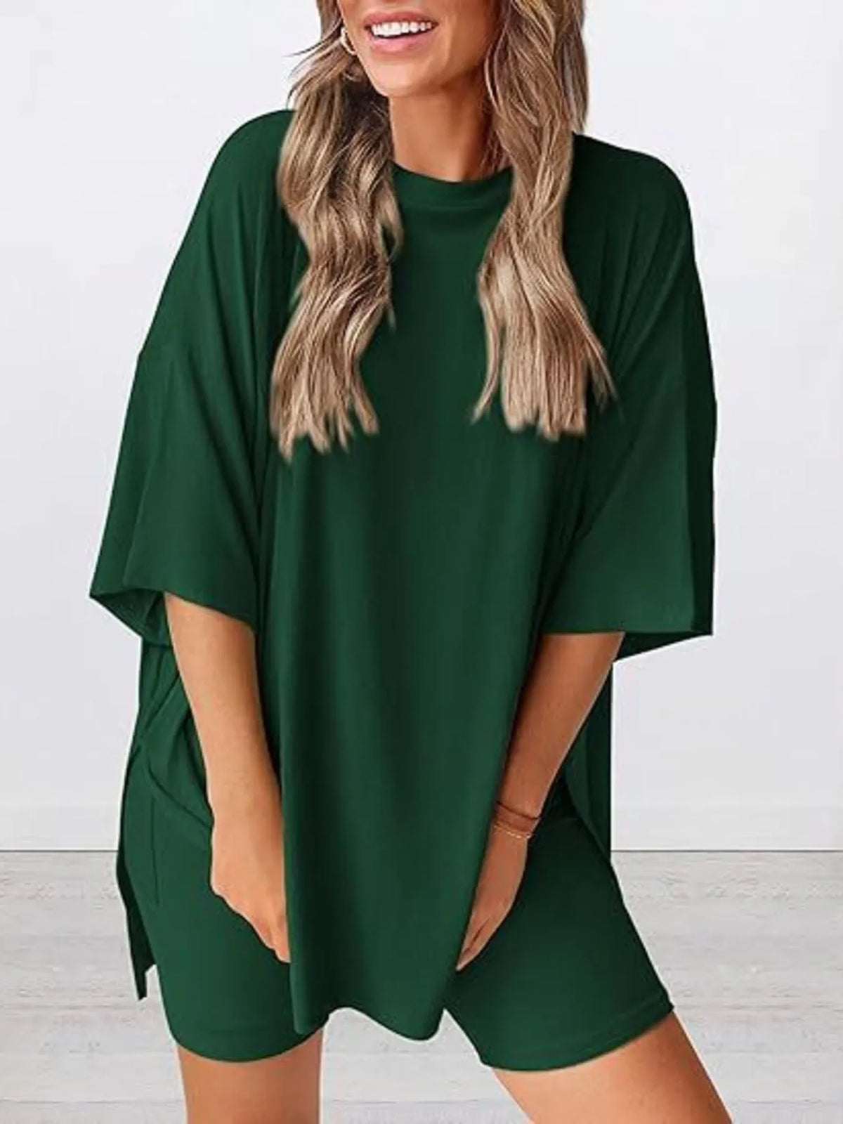Full Size Oversized Slit Round Neck Top and Shorts Lounge Set Plus Size - Ladyez