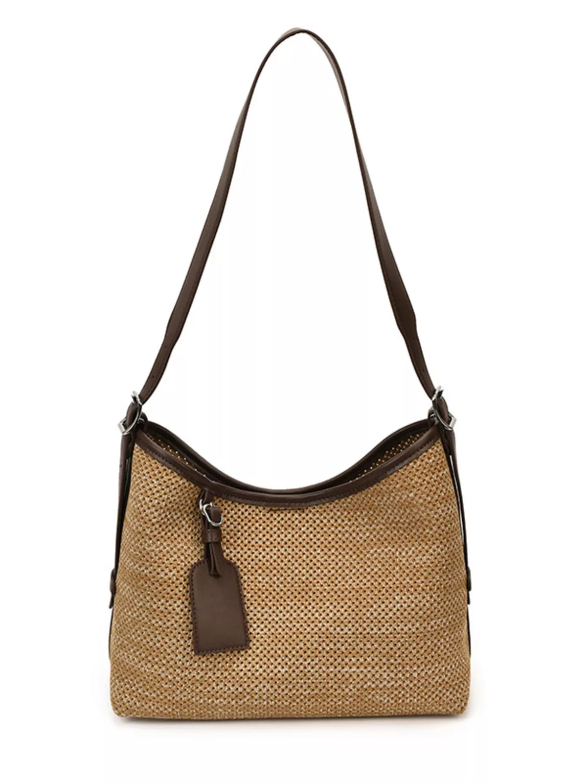 Leather Trim Woven Shoulder Bag