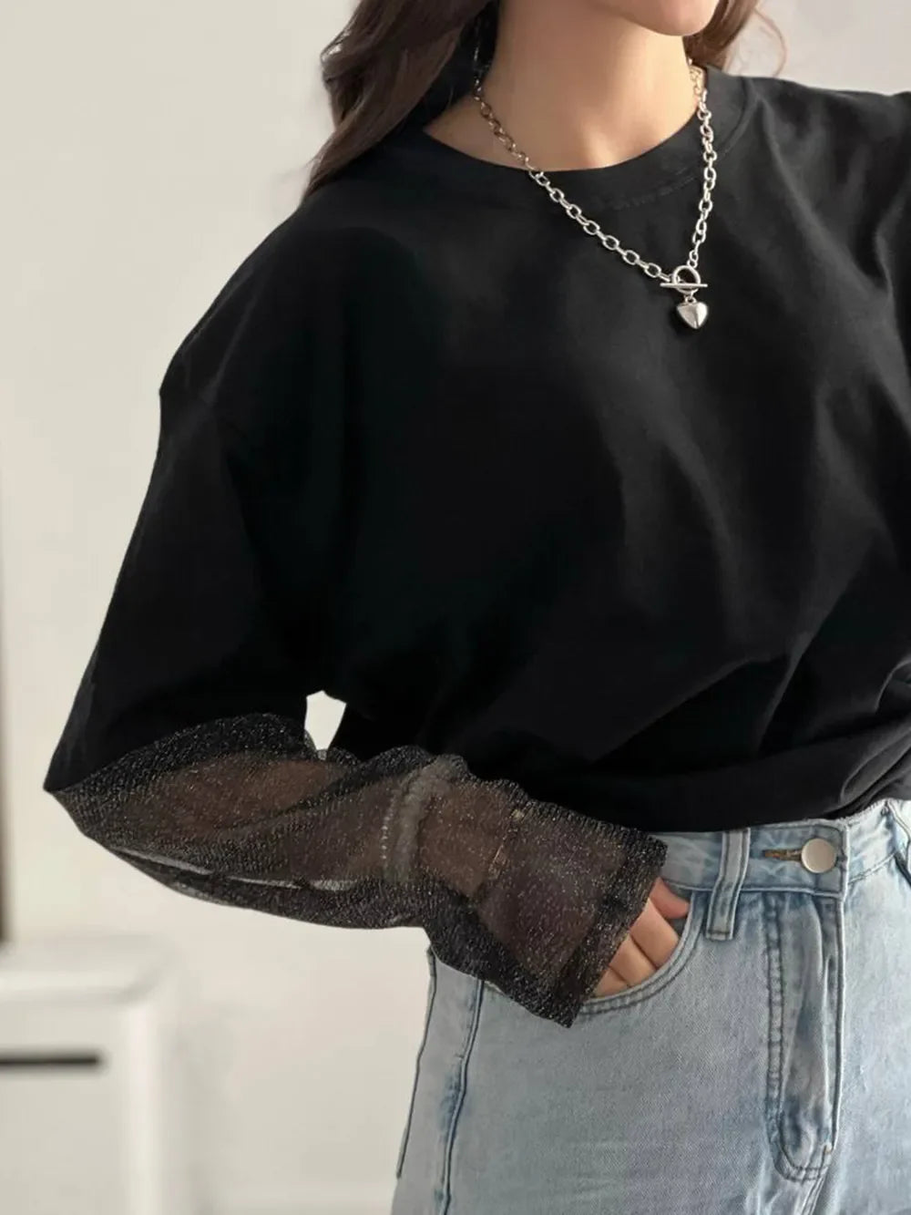 Faux Layered Round Neck Mesh Sleeve Top