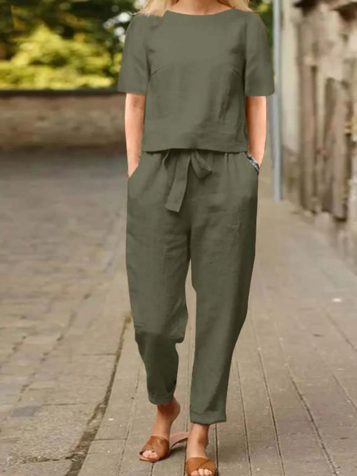 Full Size Round Neck Short Sleeve Top and Pants Set Plus Size