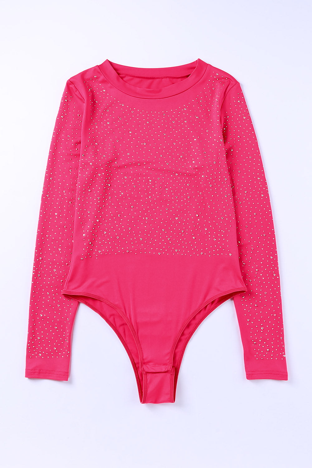 Rhinestone Round Neck Long Sleeve Bodysuit - Ladyez