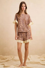 BiBi Leopard and Eyelet Lace Ruffled Top and Shorts Set