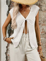 Tied Front Openwork V-Neck Knit Top
