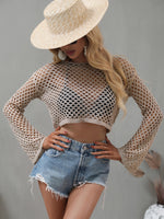 Openwork Flare Sleeve Cropped Cover Up - Ladyez