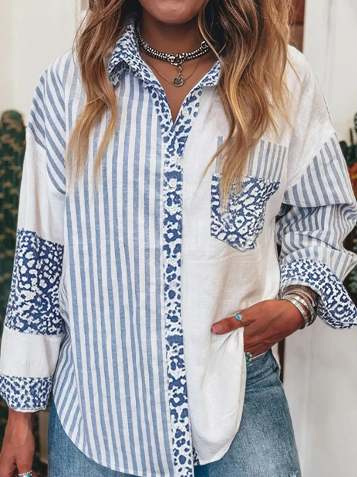 Striped Patchwork Button Down Shirt with Leopard Print Details