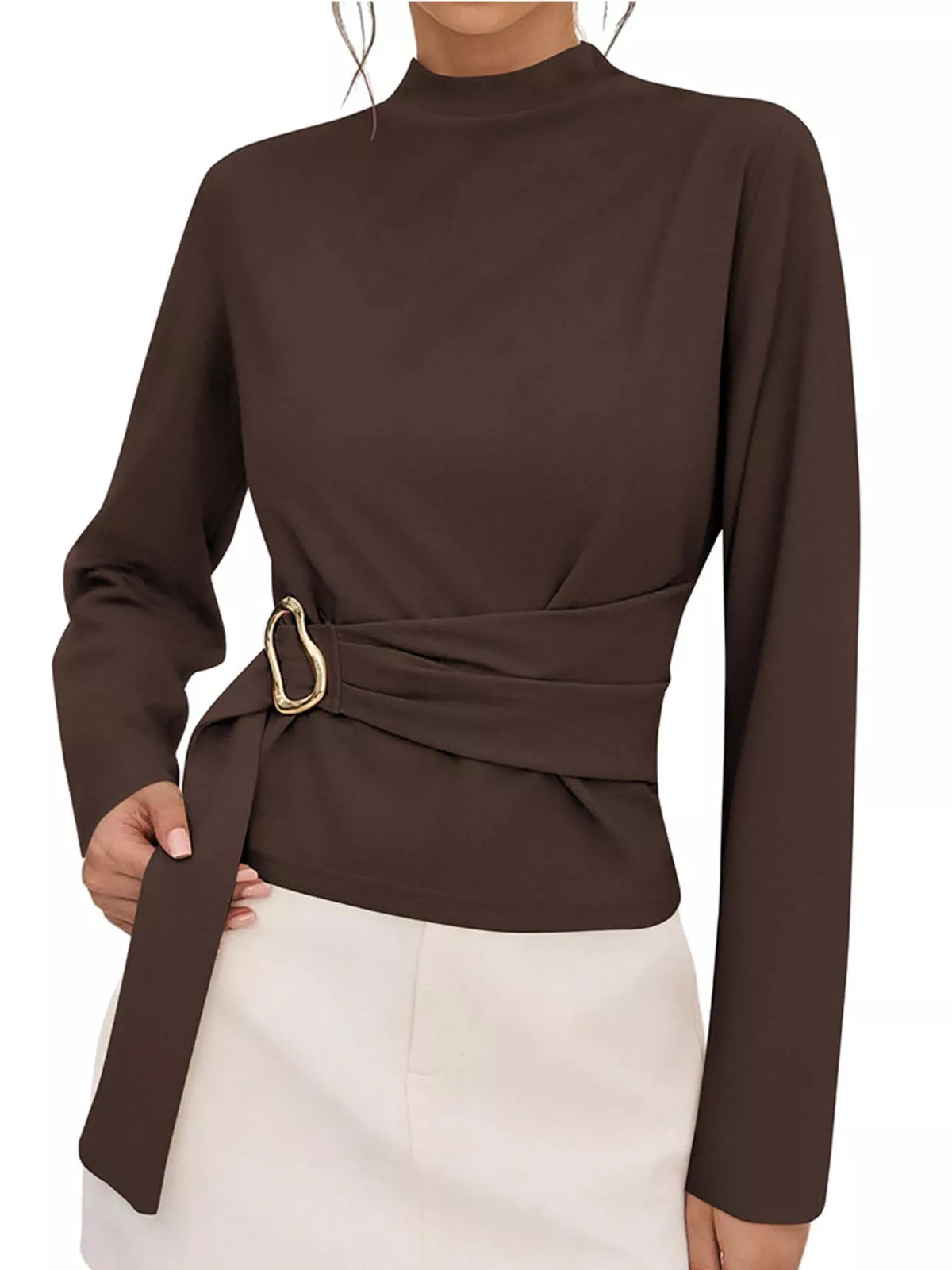 Mock Neck Blouse with Waist-Defining Metal Buckle Detail