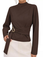 Mock Neck Blouse with Waist-Defining Metal Buckle Detail