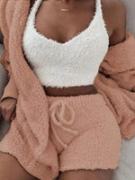 Full Size 3-Piece Fuzzy Plush Cardigan and Shorts Lounge Set with Crop Top Plus Size